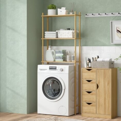 Étagère de toilette à 3 niveaux, étagère de salle de bain avec protection anti-basculement, étagère multifonctionnelle gain de place pour buanderie, style champêtre, bois naturel