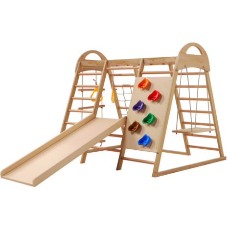 Structure d'escalade multifonctionnelle 7 en 1 en bois massif, contreplaqué et hêtre. Comprend balançoire, échelle, toboggan, filet d'escalade, prises et anneaux. Peut servir d'abri sous tente. (1/4)