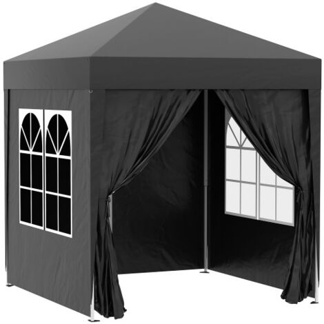 Pavillon pliant 2x2m avec 4 panneaux latéraux et fenêtres, protection UV, tente de jardin avec sac de transport, acier Oxford noir (1/4)
