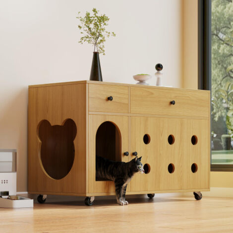 Meuble à litière pour chat (bac à litière mobile) – Meuble/maison pour chat avec plaque de drainage du sable amovible, isolation anti-odeurs, sans bac à litière, 100×45×66 cm (couleur bois naturel, co (1/4)