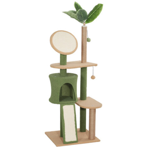 Arbre à chat de 139 cm avec niche, balle de jeu et griffoir à colonnes en sisal, pour chats jusqu'à 5 kg, vert. (1/4)