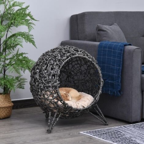 Maison pour chat en rotin avec coussin, lit pour chat, niche pour chat avec pieds surélevés, gris argenté, Ø52 x 58 cm (1/4)