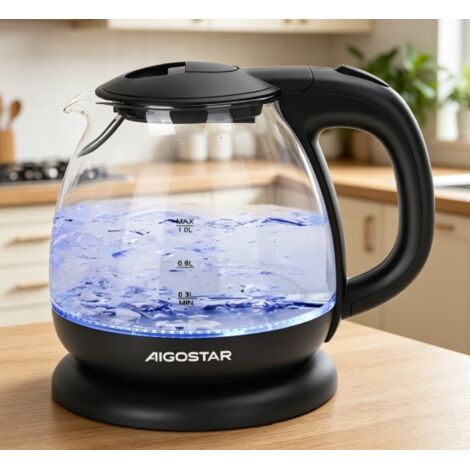 Bouilloire rapide Aigostar 2200W, récipient en verre borosilicate résistant, éclairage bleu, fonction d'arrêt automatique, idéal pour la maison (1/3)