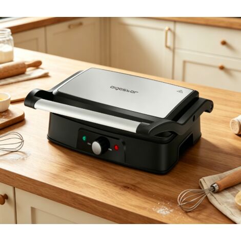 Appareil à panini Aigostar 1500W avec réglage de température, structure en acier inoxydable, chauffe uniforme, grill électrique multifonction antiadhésif, idéal pour le petit déjeuner et la cuisine fa (1/3)