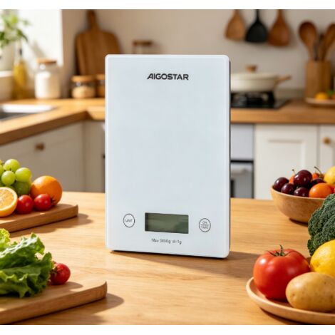Balance de cuisine numérique Aigostar 5 kg, haute précision 1 g, panneau en verre trempé résistant, fonction tare, compacte et facile à nettoyer, idéale pour cuisine, pâtisserie et boulangerie (1/3)
