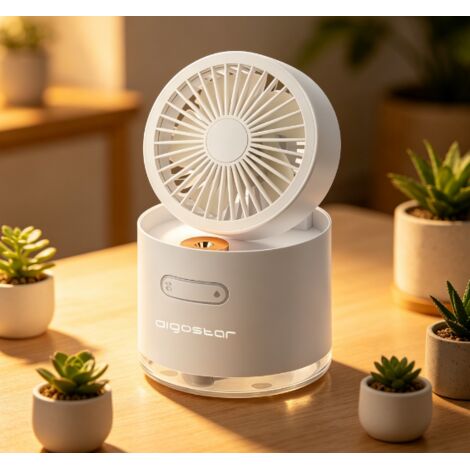 Ventilateur de table à nébulisation Aigostar 4 pouces 5 pales, 3 vitesses, batterie rechargeable 2000mAh, humidificateur portable silencieux blanc, ventilateur USB pour maison, bureau et chambre (1/2)