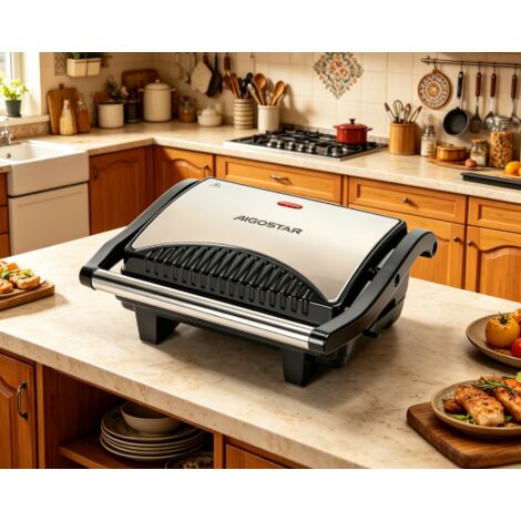 Grill panini Aigostar 1000W en acier inoxydable, double chauffe, revêtement antiadhésif, appareil multifonction compact, idéal pour le petit déjeuner et la cuisine domestique (1/3)