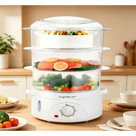 Cuiseur à Vapeur Électrique Aigostar 800W, 3 Étages Transparents Grande Capacité 9L, Minuterie Réglable, Appareil Multifonction, Cuisson Saine et Rapide pour Usage Domestique