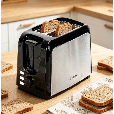 Grille-pain électrique Aigostar 750W, 2 tranches, corps en acier inoxydable, 7 niveaux de dorure, fonctions décongélation, réchauffage et arrêt instantané, compact pour petit déjeuner et cuisine (1/3)