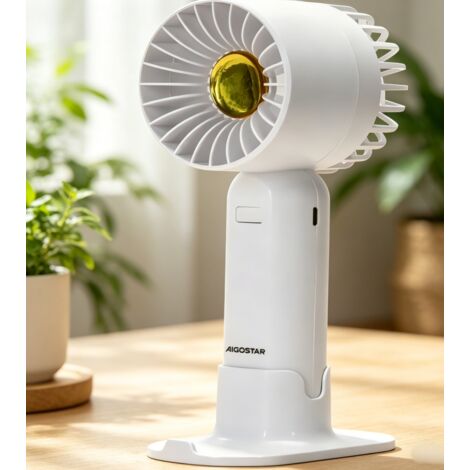 Ventilateur à main portable Aigostar 2,7 pouces 7 pales, 3 vitesses réglables, batterie 500mAh rechargeable, couleur blanc avec support de table, mini ventilateur silencieux pour déplacement, bureau e (1/3)
