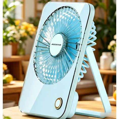 Mini ventilateur de table Aigostar bleu 3 pouces 5 pales, 3 vitesses réglables, batterie 3600mAh rechargeable, ventilateur silencieux compact pour bureau, chambre et intérieur (1/3)