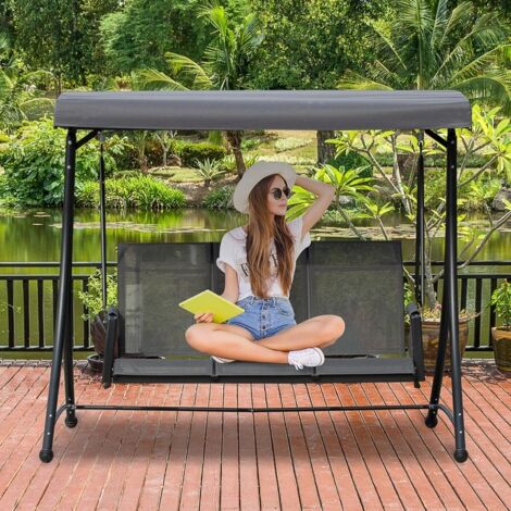 Balancelle Hollywood 3 places confort avec poche latérale et pare-soleil réglable, charge maximale 300 kg, mobilier extérieur jardin terrasse, gris foncé, dimensions 196 x 128 x 172 cm (1/3)