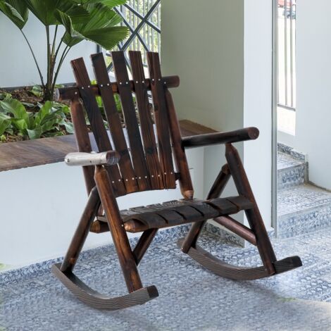 Fauteuil à bascule en bois massif avec accoudoirs, finition brûlée résistante aux intempéries, mobilier extérieur pour jardin terrasse balcon, dimensions 97 x 69 x 93 cm (1/3)