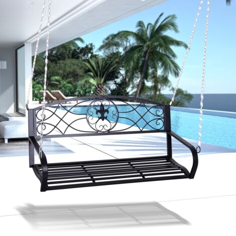 Balancelle Hollywood 2 places de jardin, banc suspendu avec chaînes de fixation, structure métallique robuste, coloris noir, dimensions 132 x 63 x 58 cm, mobilier extérieur pour terrasse et balcon (1/3)
