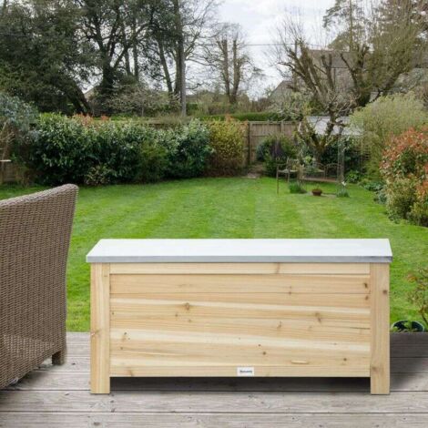 Coffre de rangement extérieur 155L structure en bois, couvercle résistant en métal galvanisé, système d'ouverture avec vérins, dim. 110 x 50 x 50 cm (1/5)