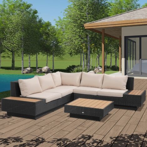 Ensemble de mobilier de jardin de luxe 4 pièces en polyrotin noir, avec étagères, table d'appoint et coussins d'assise inclus, résistant aux intempéries et anti-UV (1/3)