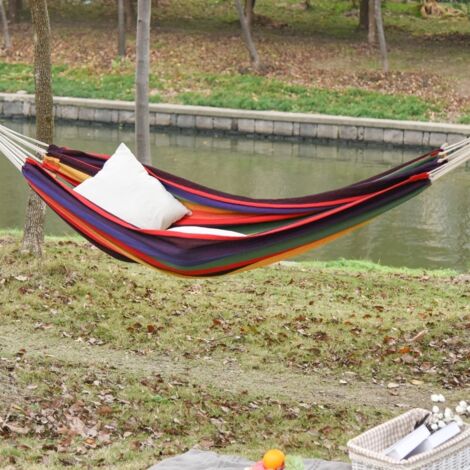 Hamac d'extérieur en coton style moderne, fourni avec sac de transport, charge maximale 120 kg, dimensions 290 x 150 cm, coloris multicolore résistant aux intempéries (1/3)