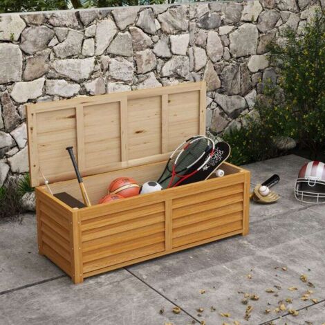 Coffre de rangement extérieur 176L en bois naturel, équipé d'une poignée pratique, idéal pour jardin et terrasse, dim. 130 x 50 x 45 cm (1/5)