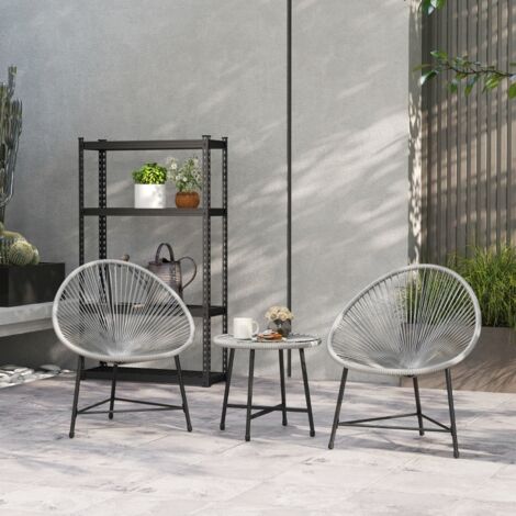 Ensemble de mobilier de jardin 3 pièces en rotin synthétique résistant aux UV, 2 chaises confortables + 1 table à plateau en verre, structure en acier robuste, adapté extérieur terrasse, coloris gris (1/3)