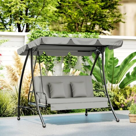 Balançoire Hollywood, balancelle de jardin, banc suspendu avec fonction inclinable, 3 places, métal et polyester, gris, 209 x 114 x 170 cm (1/5)