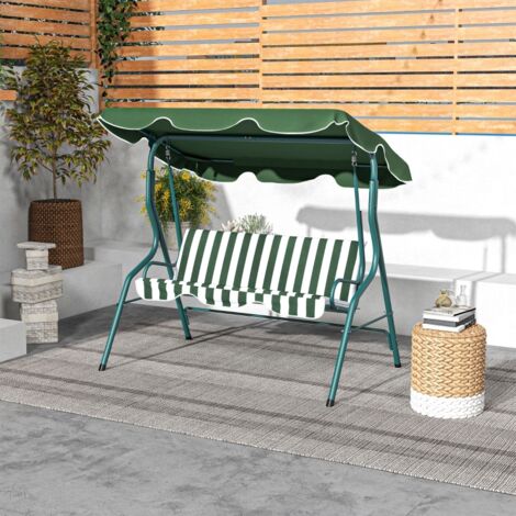 Balancelle de jardin 3 places avec auvent réglable et coussins rembourrés, structure en acier et polyester, coloris vert et blanc, dimensions 170 x 110 x 153 cm, mobilier extérieur pour terrasse (1/3)