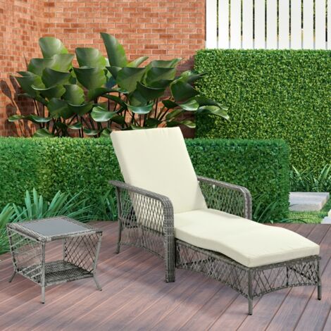 Ensemble chaise longue et table basse en rotin PE blanc crème, chaise longue de jardin réglable en 5 positions, table basse à 2 niveaux, résistant aux intempéries et anti-UV, idéal jardin terrasse (1/3)