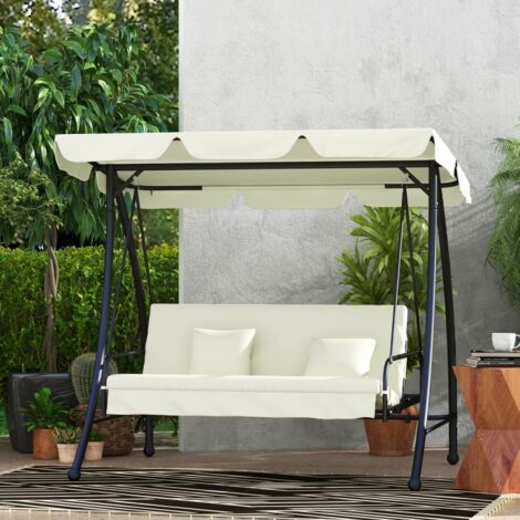 Balançoire Hollywood inclinable 3 places, structure en métal et assise en polyester, mobilier extérieur pour jardin terrasse véranda, coloris blanc, dimensions 200 x 125 x 170 cm (1/3)