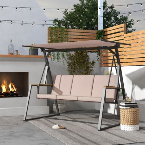 Balançoire Hollywood 3 places de jardin avec pare-soleil, résistante aux intempéries, banc suspendu confortable, mobilier extérieur pour terrasse et véranda, coloris beige et noir (1/3)