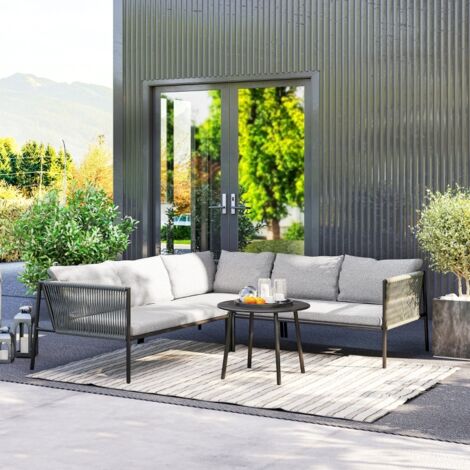 Ensemble salon de jardin complet en polyrotin résistant aux intempéries, canapé d'angle + table basse + coussins épais, mobilier terrasse pour 6 personnes, gris foncé (1/3)