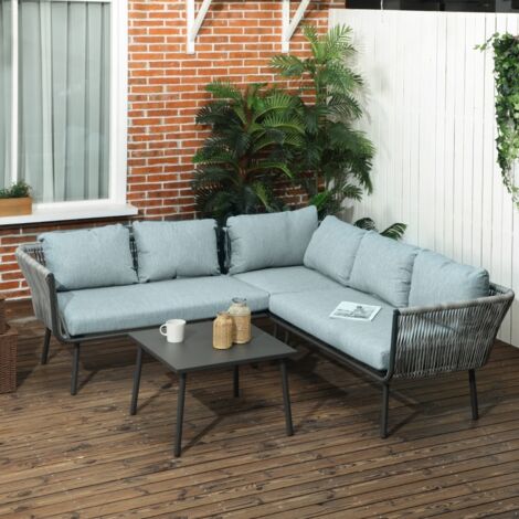 Salon de jardin d'angle 4 pièces gris, 2 canapés 2 places + 1 canapé 1 place + table basse + coussins (1/4)