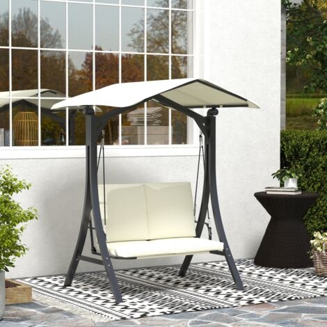 Balancelle Hollywood 2 places blanc crème, auvent réglable et coussin d'assise, charge 220 kg 150 x 120 x 182 cm (1/3)