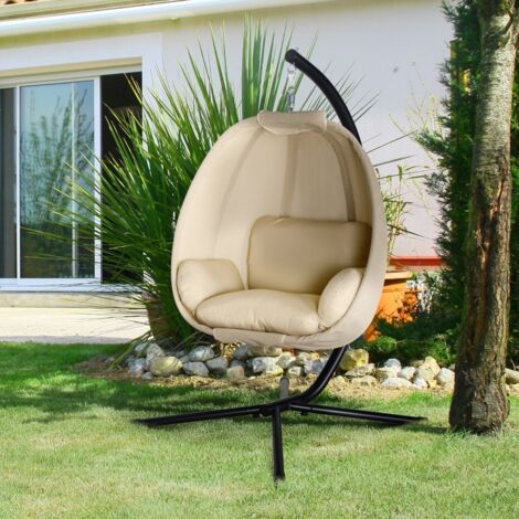 Fauteuil suspendu pivotant en forme d'œuf avec coussin moelleux, usage intérieur et extérieur, structure confortable couleur kaki, dimensions 125 x 95 x 170 cm, mobilier déco pour maison, jardin et te (1/3)