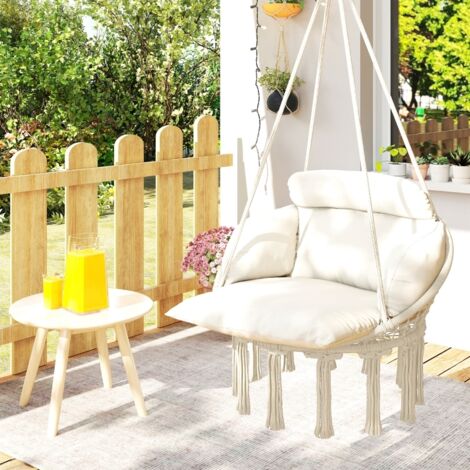 Chaise suspendue hamac avec grand coussin rembourré, fauteuil suspendu à franges inclus avec kit de suspension, couleur crème, dimensions 80 x 60 x 40 cm pour intérieur et extérieur (1/5)
