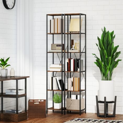 Ensemble de 2 étagères à 6 niveaux en acier robuste, meuble de rangement design marron rustique, structure stable résistante, parfait pour aménager salon, bureau et chambre (1/4)