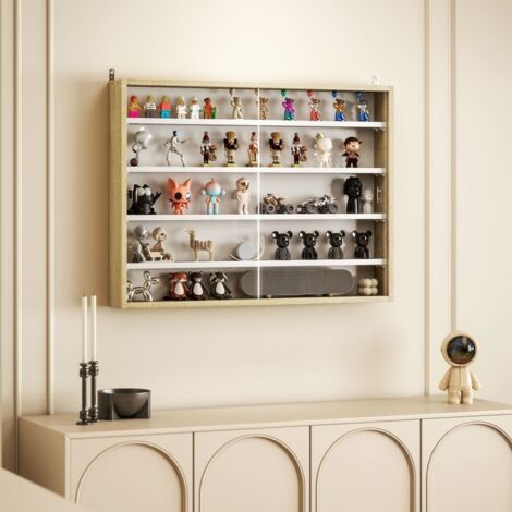 Vitrine murale pour collection 80 x 9,5 x 60 cm, 4 étagères réglables en hauteur et 2 portes coulissantes en verre (1/5)