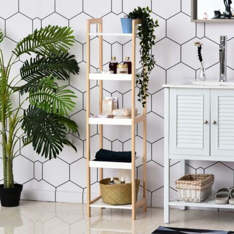 Étagère de salle de bain en bambou debout, 3 paniers et 2 étagères, dimensions 32 x 30 x 130 cm, couleur beige et blanc (1/4)