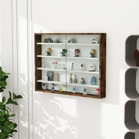Vitrine murale marron pour objets de collection, 5 étagères réglables en hauteur et 2 portes coulissantes, dimensions 80 x 9,5 x 60 cm (1/5)