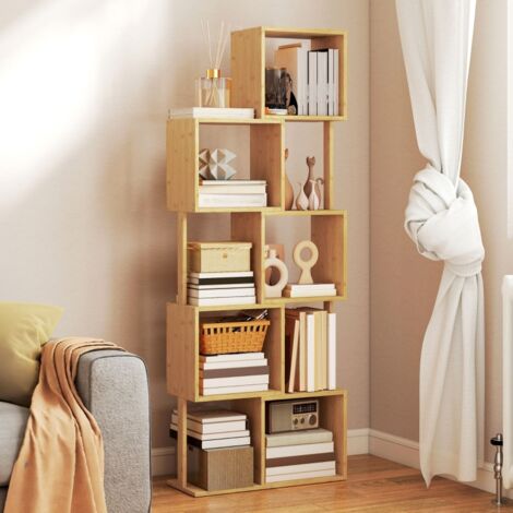 Bibliothèque verticale bambou forme S 5 niveaux 62,5x23x165cm, meuble mince gain de place couleur bois (1/4)