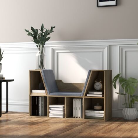 Bibliothèque Banc 2 en 1 design contemporain, 6 casiers avec 3 coussins fournis, dimensions 102 x 30 x 61 cm, finition chêne gris (1/4)
