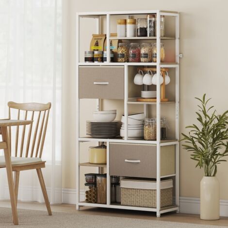 Étagère de rangement blanche 6 niveaux 72,5x30x150cm, 9 étagères ouvertes et 2 tiroirs en tissu (1/5)