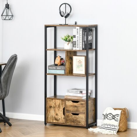 Bibliothèque style industriel avec 3 étagères, 1 placard à porte et 2 tiroirs, panneaux de particules aspect vieux bois et acier noir, design robuste et décontracté (1/5)