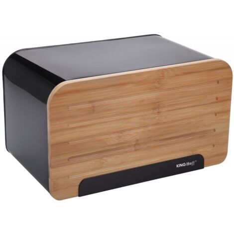 Boîte à pain en acier au carbone émaillé noir 35x20,4x21,5 cm – Couvercle en bois de bambou – Accessoire de cuisine moderne