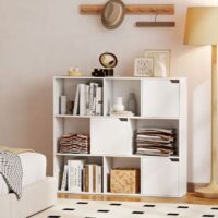 White bookshelf with 9 cube compartments, 3 doors and 6 open shelves, chipboard construction for living room and bedroom