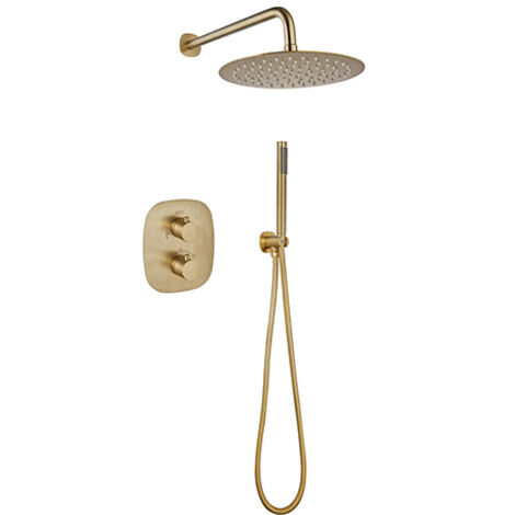 Edouard Rousseau – Colonne de douche encastrée thermostatique – Tête rectangulaire 250 x 100 mm en inox – Douchette laiton brossé 1 jet – Débit auto-régulé 8 L/min