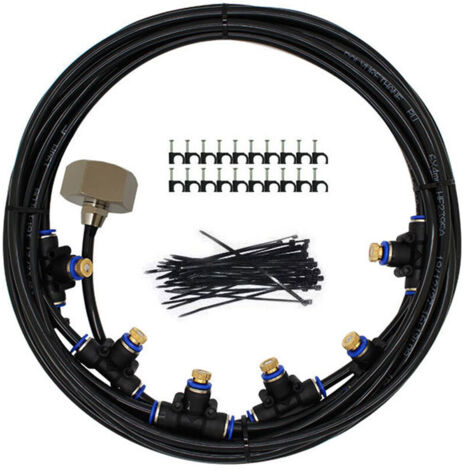Brumisateur Exterieur, 9M Brumisateur Terrasse avec 11 Buse Brumisateur +2 Buses de Rechange+1Adaptateur (en Laiton, 3/4") Brumisateur pour Patio Jardin Serre Trampoline pour Parc Aquatique (1/5)