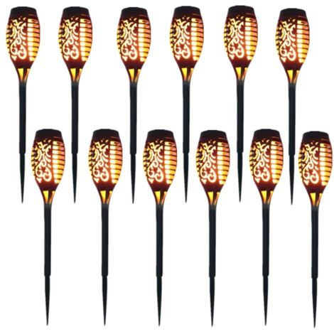 Highsam – Lampe solaire 12 LED 54cm effet flamme vacillante – Étanchéité IP65 – Autonomie 8-10h – Décor extérieur jardin – 12 Pack