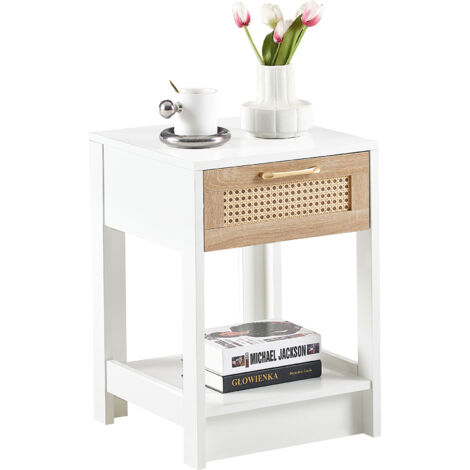 Table de Chevet Blanche 55x40x40cm 1 Tiroir Rotin Moderne, Meuble Appoint Chambre Salon (1/5)