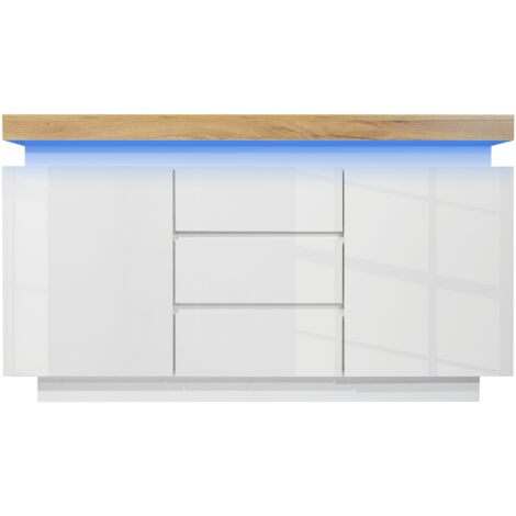 Buffet Commode Blanche Haute Brillance 81x140x39cm, 2 Portes 3 Tiroirs LED App, Salon (1/5)