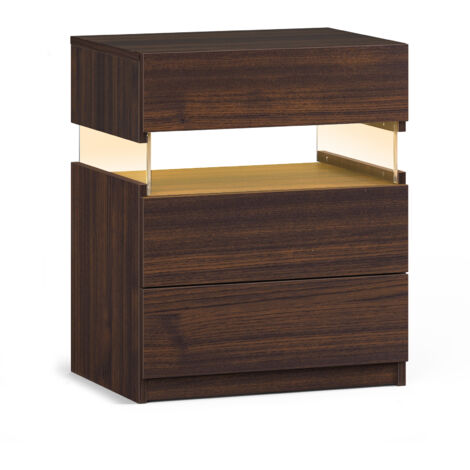 Table de Chevet LED Noyer 3 Tiroirs Plateau Acrylique, Rangement Moderne Chambre Salon (1/5)