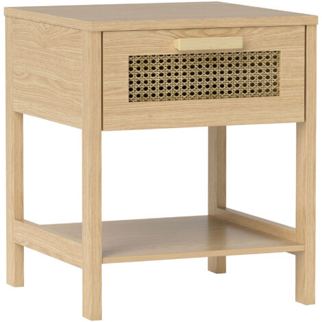 Table de Chevet Naturelle 40x40x48.4cm 1 Tiroir Design Rotin and Étagère Ouverte Chambre (1/5)